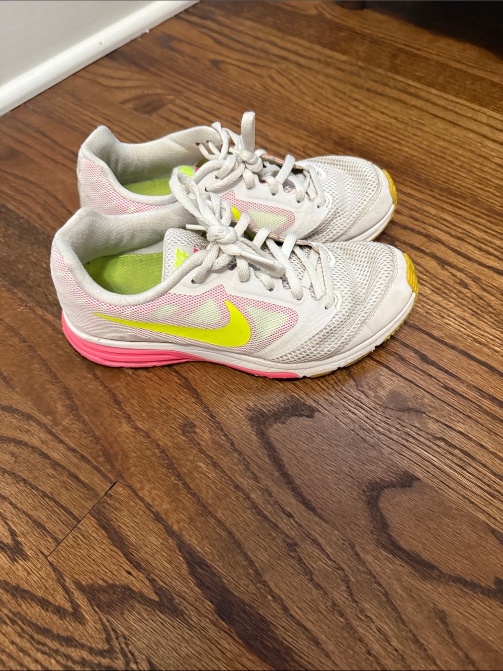Nike Kids White Sneakers with Neon Yellow Swoosh & Pink Sole